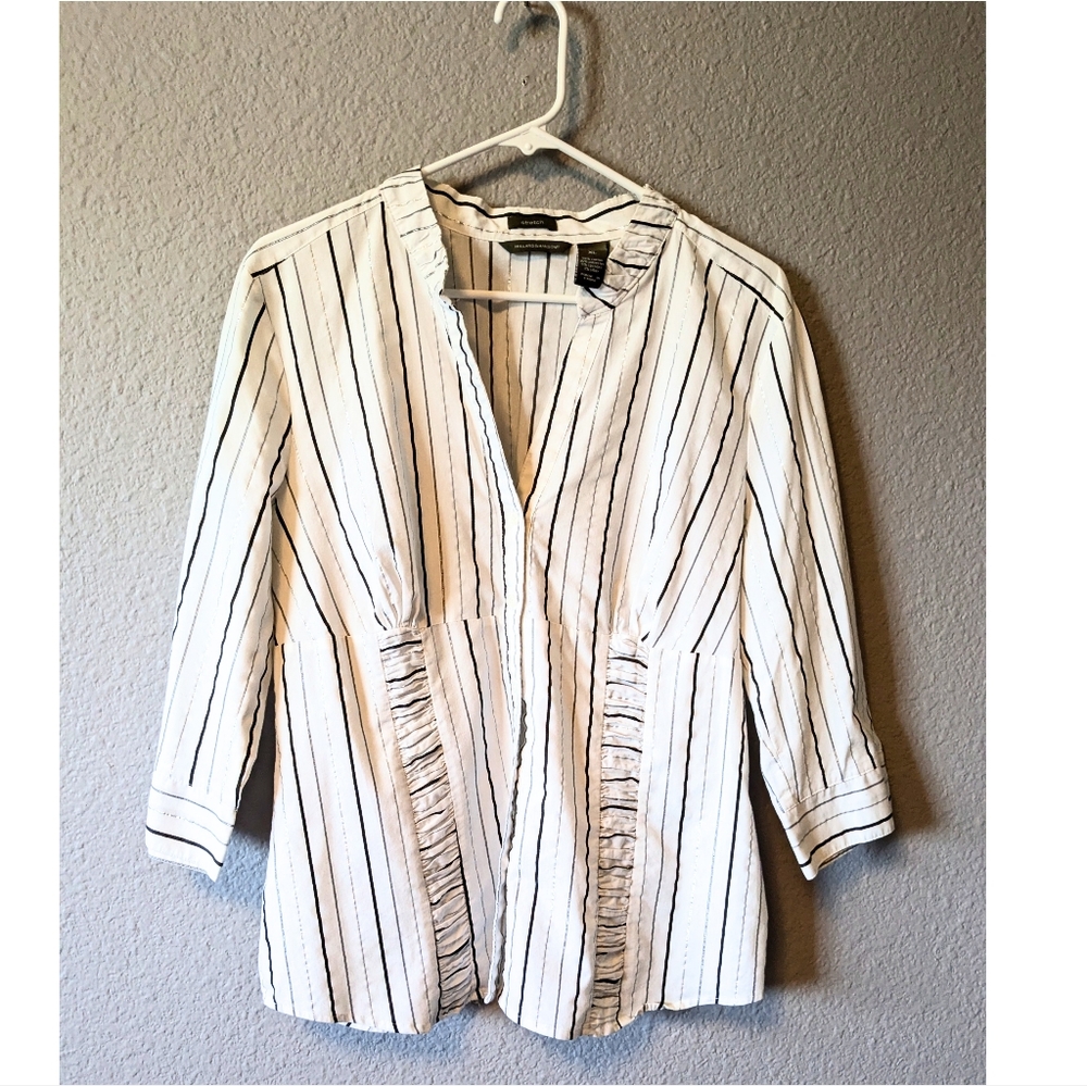 Hillard & Hanson White Blouse with Black And Silver Vertical Stripes XL - Picture 2 of 9